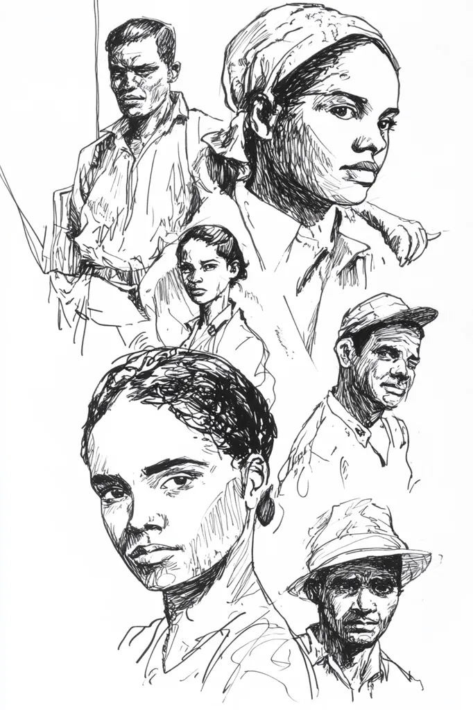 A black and white ink drawing depicts five individuals, likely depicting working-class people.  The style is expressive and uses hatching to create shading and texture.  The faces are rendered with detail, conveying distinct expressions and personalities. The composition is informal, suggesting sketches rather than formal portraits, with figures overlapping and varying in size.  The overall mood is somewhat somber yet realistic.