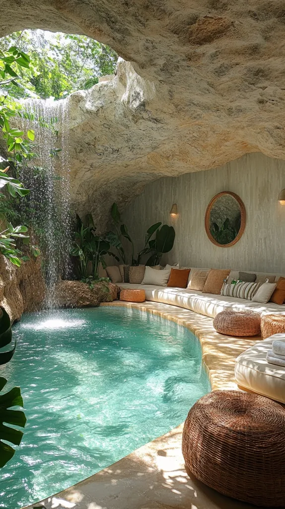 A tranquil oasis features a curved pool nestled within a natural rock cave.  A small waterfall cascades from an opening in the cave's ceiling, creating a serene atmosphere.  Lush greenery surrounds the pool, and a comfortable seating area with plush cushions lines the pool's edge.  The overall ambiance is luxurious and peaceful, evoking a sense of secluded relaxation.