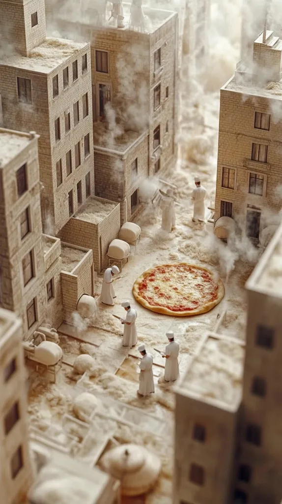A miniature cityscape is dusted with flour, creating a whimsical scene.  Tiny chefs in white uniforms surround a large, perfectly-baked pizza in the center of a cobblestone square.  Buildings rise around the square, billowing with steam, suggesting a bustling bakery or pizzeria.  The image uses a shallow depth of field to enhance the miniature effect.