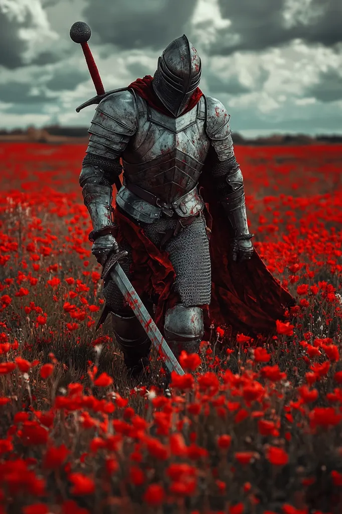 A blood-stained knight, clad in full plate armor, walks through a field of vibrant red poppies.  His sword, also stained with blood, is held at his side.  The dark, stormy sky provides a dramatic backdrop to the scene, creating a powerful and melancholic image of a warrior amidst the aftermath of battle.  His red cloak trails behind him, adding to the overall sense of loss and somber reflection.