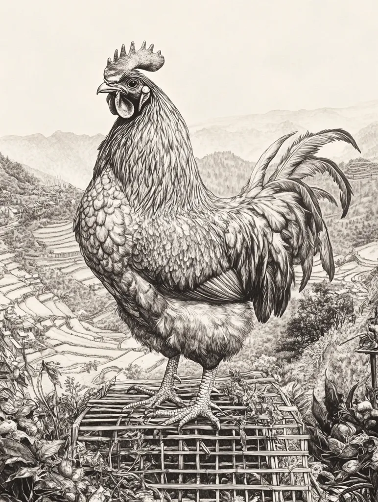 A detailed black and white drawing depicts a majestic rooster perched atop a dilapidated cage.  The rooster, rendered with meticulous detail showcasing its feathers and posture, stands prominently against a backdrop of a serene, mountainous landscape.  Terraced fields and a small village are visible in the distance, creating a contrasting rural setting. The overall style suggests a blend of realism and possibly a touch of symbolism.