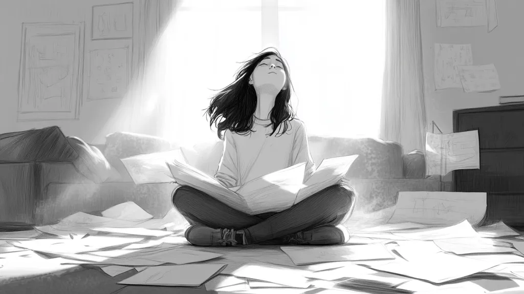 A grayscale illustration depicts a young woman sitting cross-legged on the floor amidst a sea of papers.  Sunlight streams in through a window, illuminating her as she leans back, head tilted up, seemingly lost in thought or contentment. The room is cluttered yet peaceful, suggesting a creative space.  The overall mood is serene and reflective.