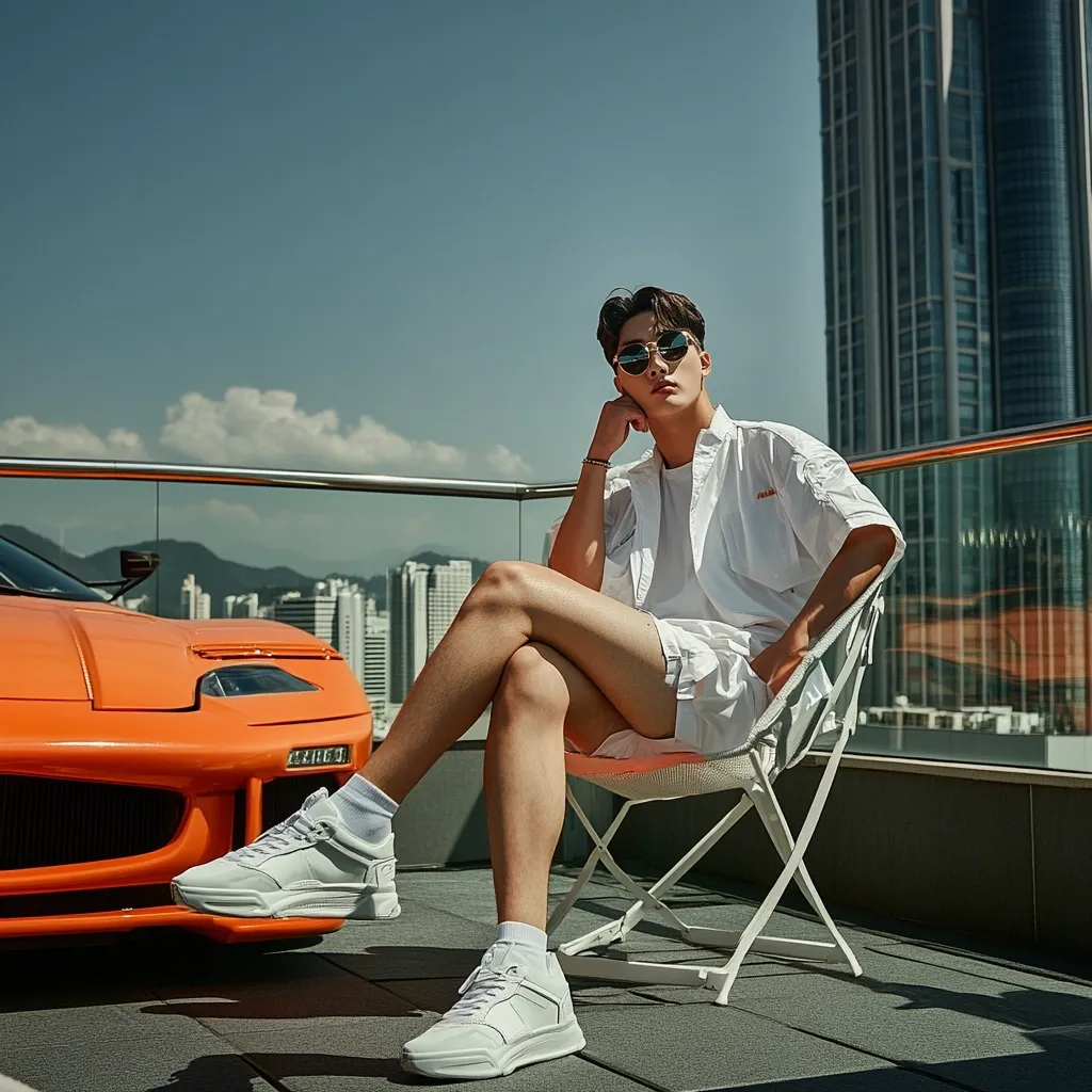 A young man with dark hair and sunglasses sits in a white folding chair on a rooftop. He's wearing a white shirt and shorts, white sneakers, and has his legs crossed.  A bright orange sports car is parked behind him, and a cityscape is visible in the background under a clear blue sky.  The overall impression is one of stylish leisure and wealth.
