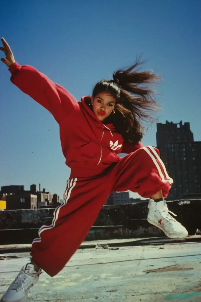A young woman, dynamic and stylish, leaps mid-air against a vibrant blue sky.  She's dressed in a striking red Adidas tracksuit, complete with white stripes down the legs, and white high-top sneakers. Her long dark hair whips behind her as she executes a powerful pose, showcasing the energy of 80s hip-hop culture. The urban backdrop of city buildings adds to the image's dynamic feel.