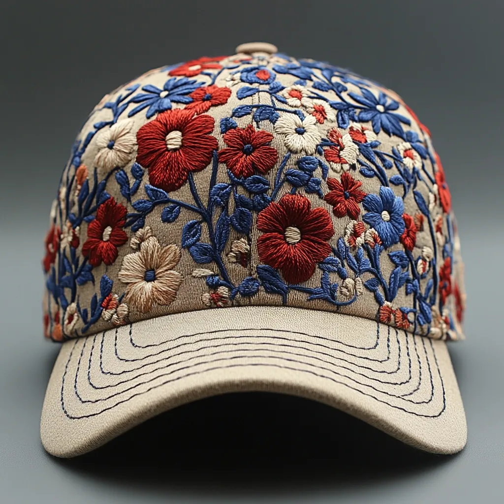 A beige baseball cap is adorned with intricate embroidery of various flowers in red, blue, and cream. The flowers are densely packed, creating a vibrant floral pattern across the entire crown of the cap.  The stitching is detailed and adds a touch of elegance to the casual style of the hat. The cap's brim is curved, and the overall quality appears high-end.