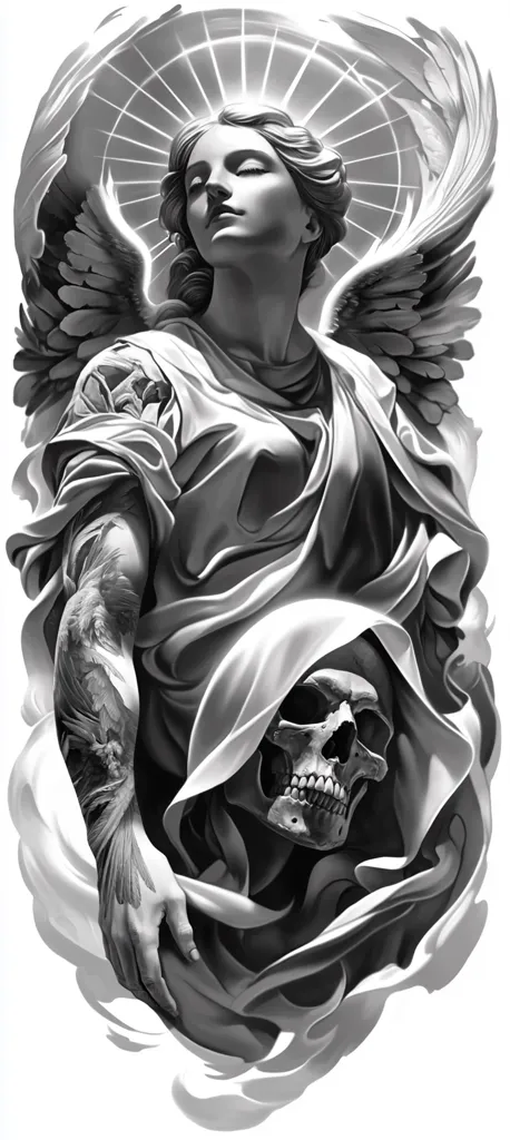 A grayscale tattoo design depicts a serene angel with large wings, cradling a hooded skull.  The angel's expression is peaceful, contrasting with the skull's grim presence. Intricate detail is shown in the angel's flowing robes and the skull's bone structure. A halo-like circular design surrounds the angel's head. The overall style is realistic with dramatic shading.