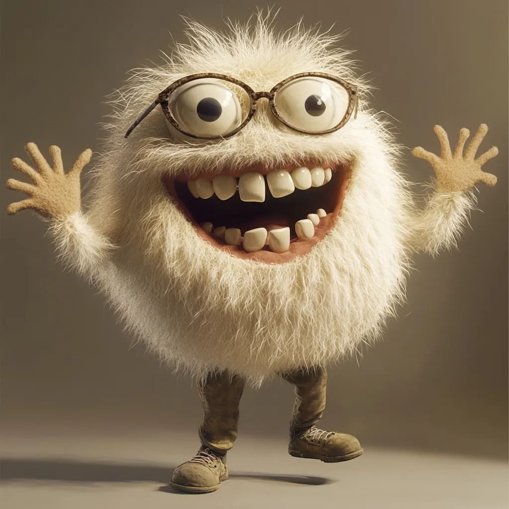 A fluffy, white, cartoon creature with oversized glasses and a wide, toothy grin waves excitedly with both hands.  It's wearing khaki-colored pants and sturdy boots. The creature's expression is one of joyful exuberance, its fur meticulously detailed, enhancing its whimsical charm. The background is a muted brown, drawing focus to the playful character.