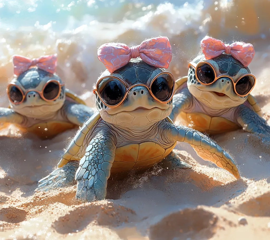 Three adorable baby sea turtles, wearing pink bows and stylish sunglasses, frolic on a sandy beach.  Waves gently lap the shore in the background.  The turtles are playfully positioned, creating a charming and whimsical scene.  Their cute expressions and fashionable accessories add to the overall delightful image.