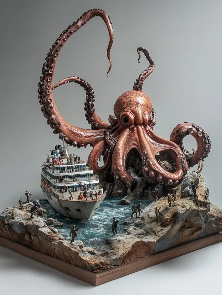 A detailed diorama depicts a colossal octopus attacking a cruise ship.  The octopus, realistically sculpted, has powerful tentacles engulfing the vessel, while terrified passengers and crew scramble for safety on the rocky shore.  The scene is meticulously crafted, showcasing the artist's skill in creating a dramatic and immersive miniature world.  The color palette is muted, focusing on the textures and the raw power of the encounter.