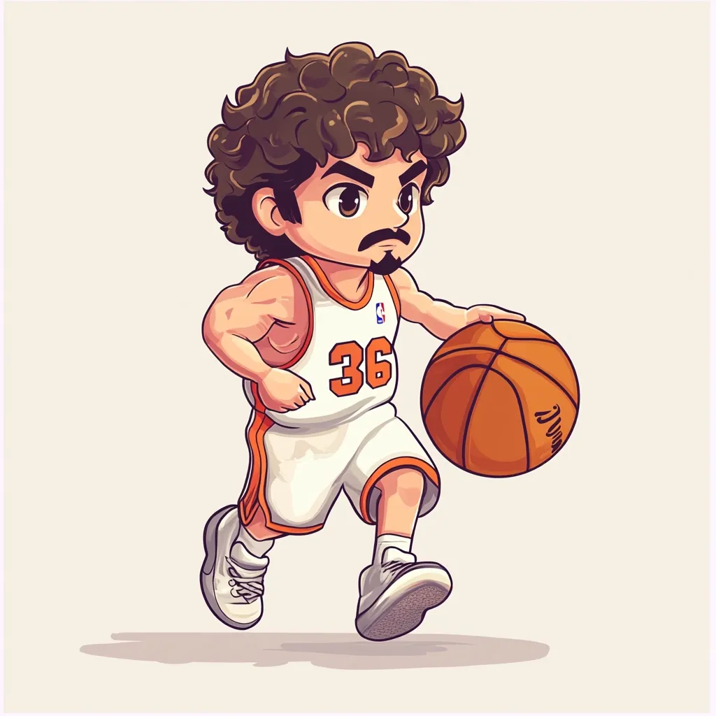 A stylized cartoon illustration depicts a basketball player dribbling the ball.  He has large, expressive eyes, curly brown hair, and a mustache.  The player wears a white jersey with orange accents and the number 36, white shorts, and sneakers.  His pose suggests dynamic movement on the court, emphasizing a playful and energetic character design.