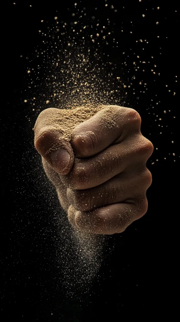 A hand, clenched into a fist, is shown against a black background.  A fine, light brown powder is held within the fist, with particles dispersing and falling from it in a cloud-like effect. The image is sharply focused on the hand and the dust, creating a dramatic contrast between the dark background and the illuminated powder.  The overall impression is one of fragility and fleetingness.