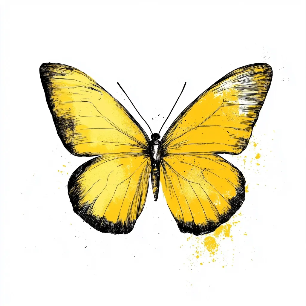 A vibrant yellow butterfly takes center stage against a stark white backdrop.  Rendered in a striking sketch style with bold black outlines, the butterfly's delicate wings are filled with a sunny yellow hue.  Small, yellow paint splatters add a touch of whimsy, suggesting movement and vibrancy. The image is simple yet captivating, highlighting the beauty of this iconic insect.