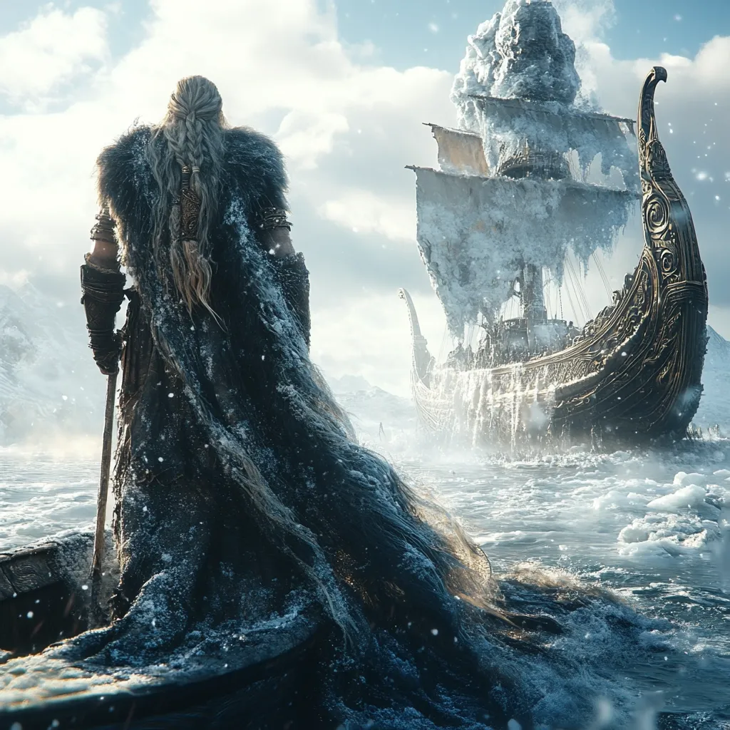 A lone Viking, cloaked and snow-covered, sits in a small boat on icy waters.  Their long braid hangs down their back.  In the distance, a large, intricately carved longships, encased in ice, is partially submerged.  The scene is bleak and atmospheric, evoking a sense of isolation and a harsh, cold journey.  Snow falls softly, adding to the desolate beauty.