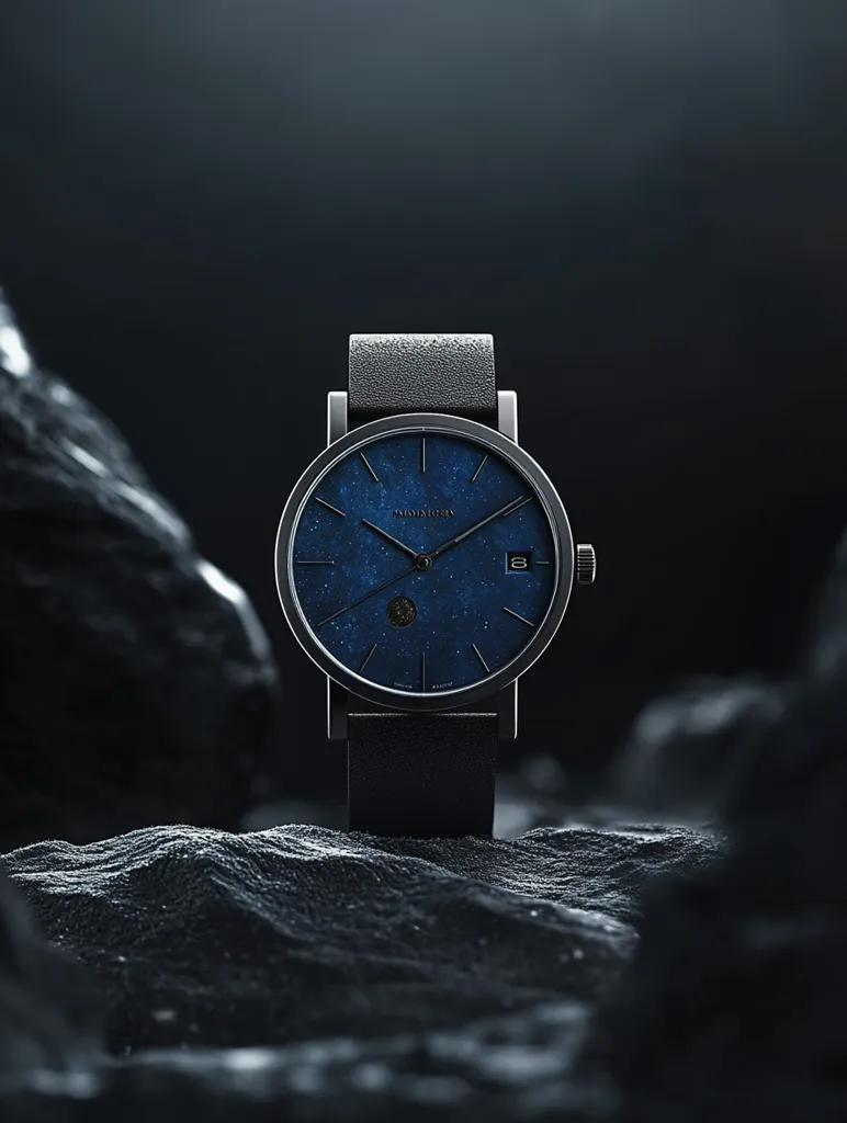 A minimalist wristwatch with a dark gray metallic band and case rests on a dark, textured surface resembling lunar terrain.  The watch face displays a deep blue dial with a starry night sky design, including a small moon phase indicator.  The overall aesthetic is sleek, modern, and evocative of space.