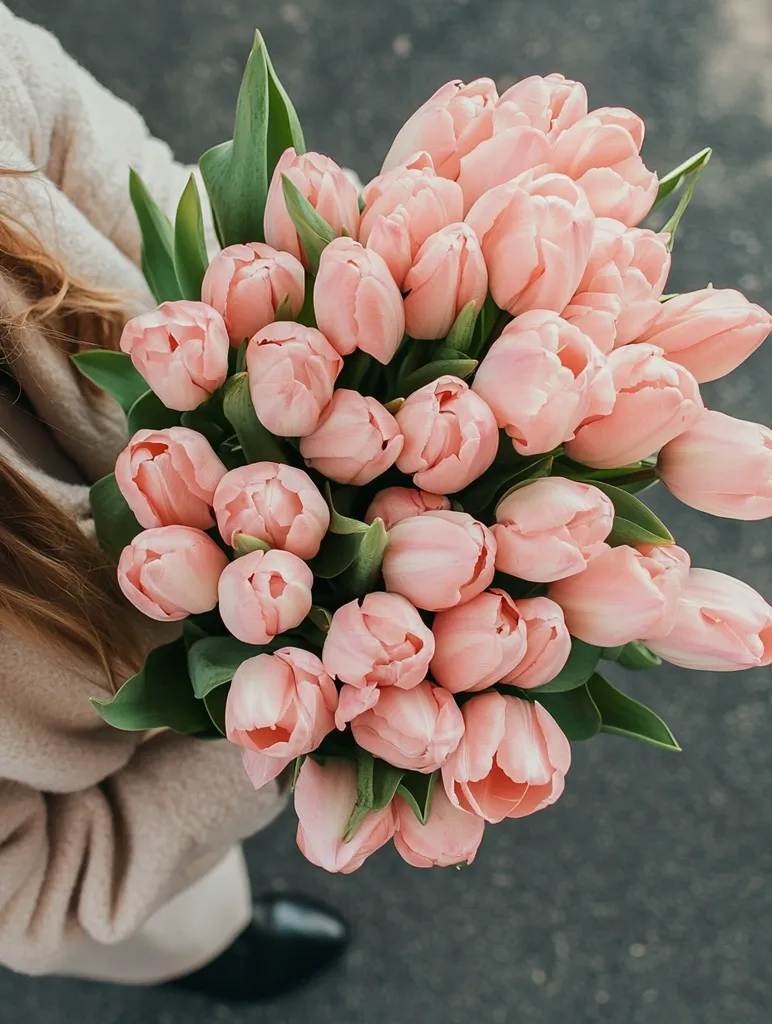 A person in a beige coat holds a large bouquet of light pink tulips.  The tulips are tightly clustered together, their delicate petals softly illuminated.  Green leaves surround the blossoms, creating a lush and vibrant contrast against the muted coat. The overall image evokes a feeling of springtime freshness and romance.