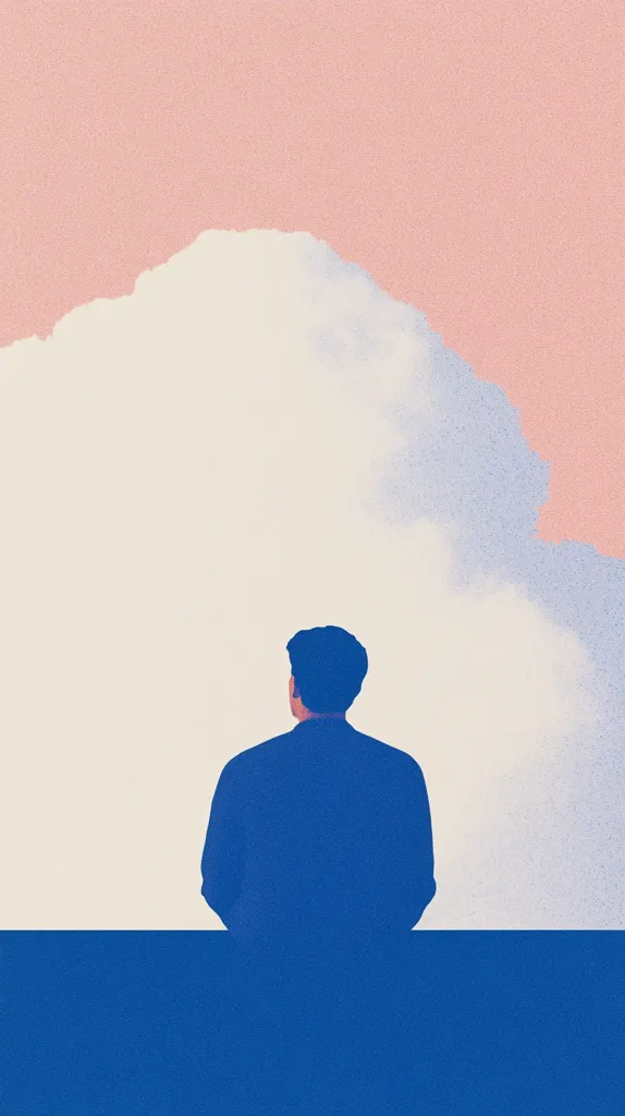 A minimalist illustration depicts a person from behind, seated before a large, amorphous cloud formation. The figure is a solid blue silhouette against a backdrop of pastel pink and off-white.  The overall mood is serene and contemplative, suggesting introspection or a moment of quiet observation. The simple color palette and stark composition create a feeling of calmness.