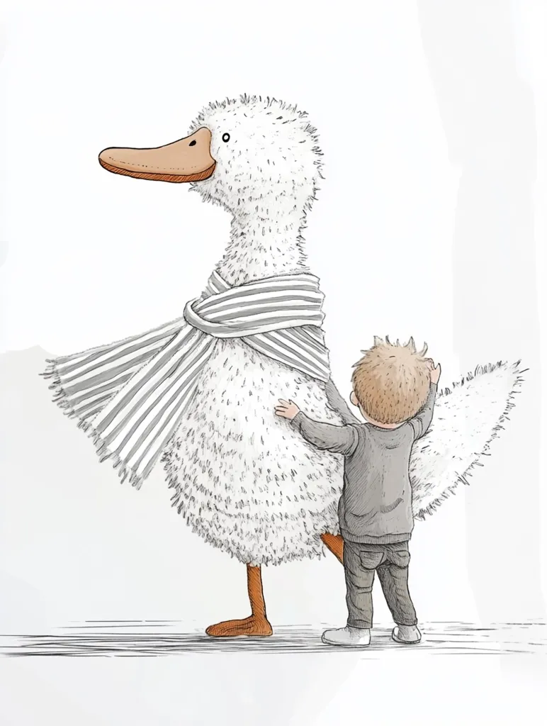 A charming illustration depicts a fluffy white duck, adorned with a striped scarf, standing beside a small child.  The child's arms are wrapped around the duck's body, showcasing a tender bond between the two. The style is reminiscent of children's book illustrations, with soft lines and muted colors creating a gentle and heartwarming scene.  The overall impression is one of playful companionship.
