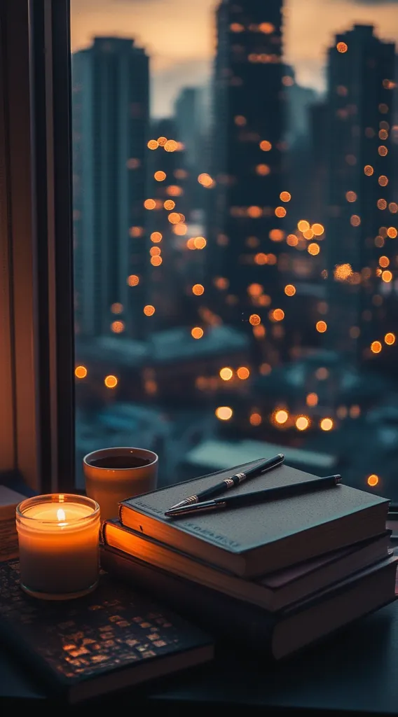 A cozy scene unfolds by a window overlooking a city at twilight.  A lit candle casts a warm glow on a stack of books, two pens resting atop the topmost volume. A mug of tea sits nearby, adding to the peaceful ambiance.  The city lights outside create a bokeh effect, blurring the urban landscape into a soft, inviting backdrop. The overall mood is one of quiet contemplation and comfort.