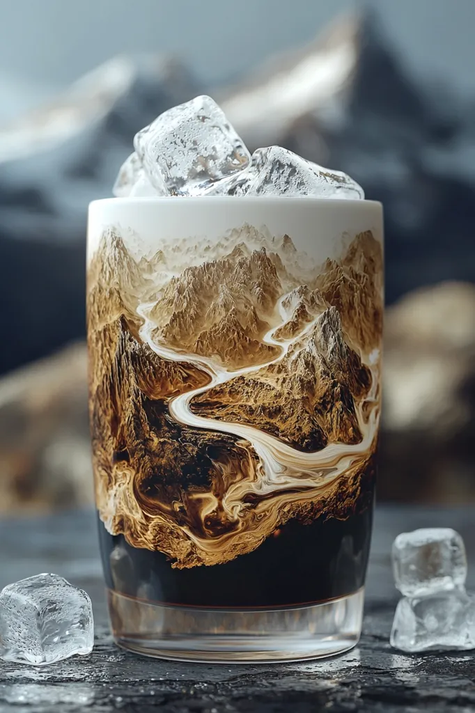 A glass filled with a dark liquid resembling a mountainous landscape is topped with ice and a layer of creamy white substance. The swirling patterns in the drink mimic a river winding through the mountains.  The image is artistically stylized, with a blurred background suggesting a natural, perhaps cold, environment.  Ice cubes sit on a dark surface around the glass, enhancing the overall aesthetic.