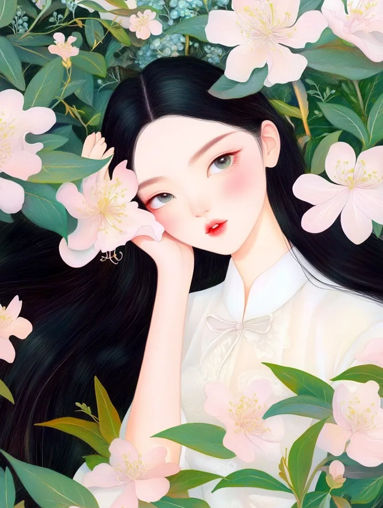 A digital painting depicts a young woman with long black hair, fair skin, and delicate features.  She rests her head on her hand, surrounded by lush pink blossoms and vibrant green leaves.  She's dressed in a white, collared garment with a bow, creating a serene and elegant scene. The style is reminiscent of East Asian art, with soft colors and a focus on delicate details.