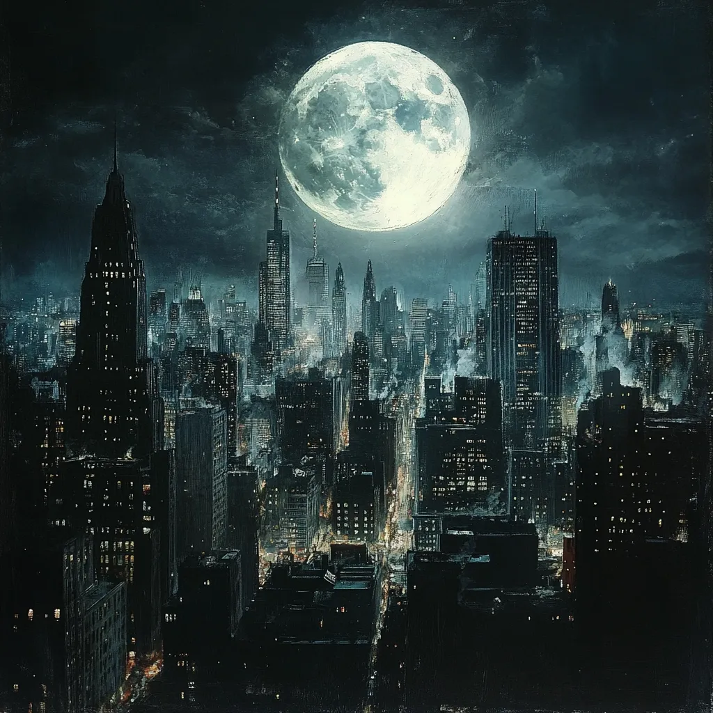 A nighttime cityscape is dramatically illuminated by a large, full moon.  Tall buildings, characteristic of a metropolis like New York City, are silhouetted against the dark sky.  A moody, almost gothic atmosphere pervades the scene, enhanced by the dim, scattered lights of the city below and the textured, painterly style of the artwork.  Smoke or fog adds to the mysterious ambiance.