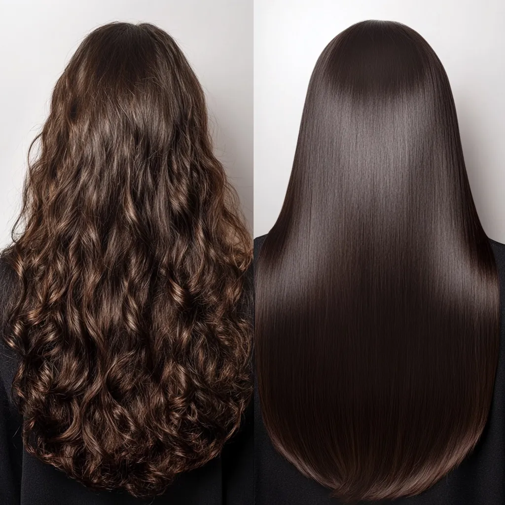 The before-and-after image showcases a dramatic hair transformation.  On the left, naturally wavy brown hair appears dry and slightly frizzy.  The right side reveals the same hair, now sleek, straight, and glossy, demonstrating the effect of a hair straightening treatment.  The transformation highlights a significant improvement in shine and smoothness.
