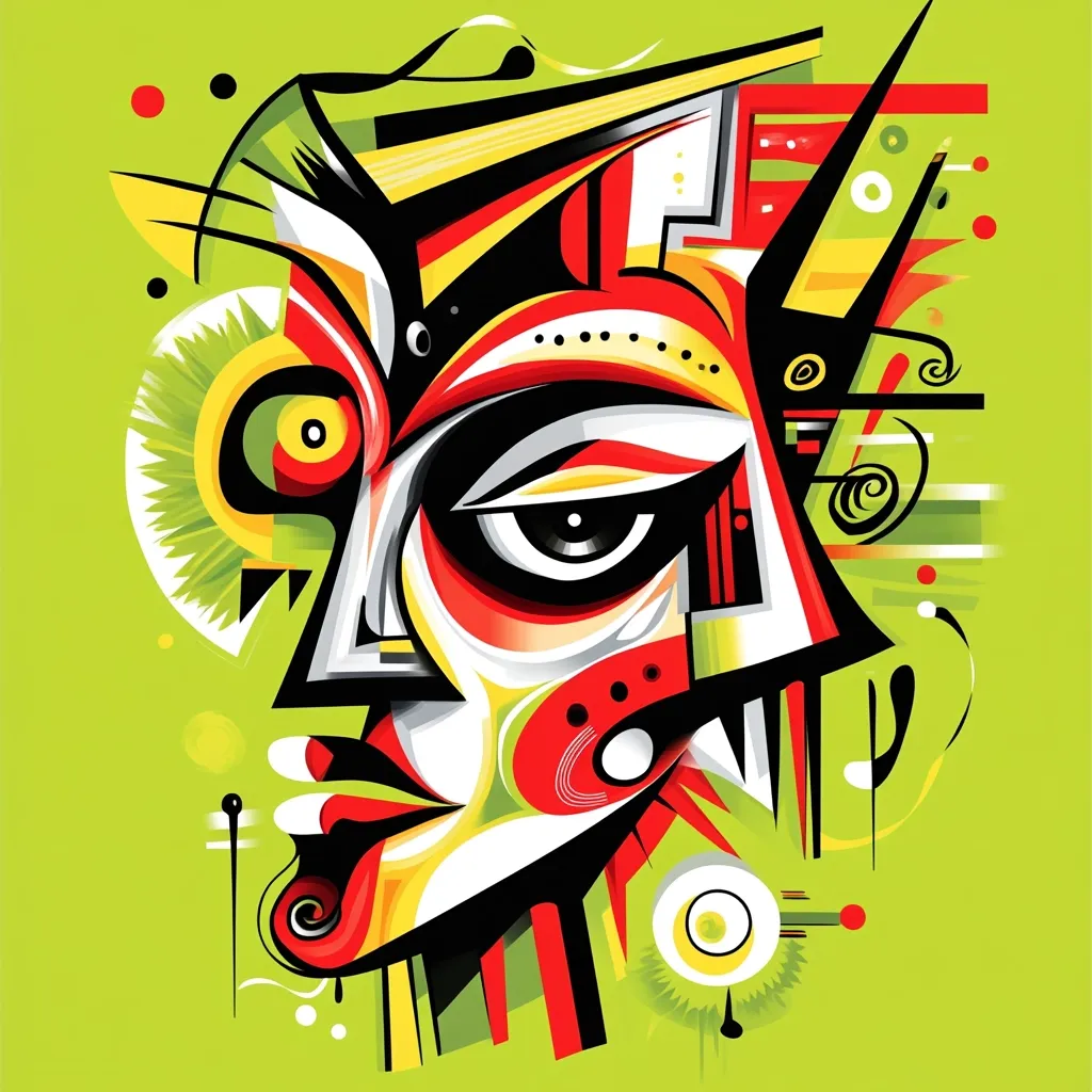 A vibrant abstract portrait, dominated by bold red, yellow, and black shapes against a lime green background.  The stylized face features a large, expressive eye, and fragmented geometric forms create a sense of movement and energy.  Circular and linear elements add depth and texture to the composition, creating a dynamic and visually striking piece.