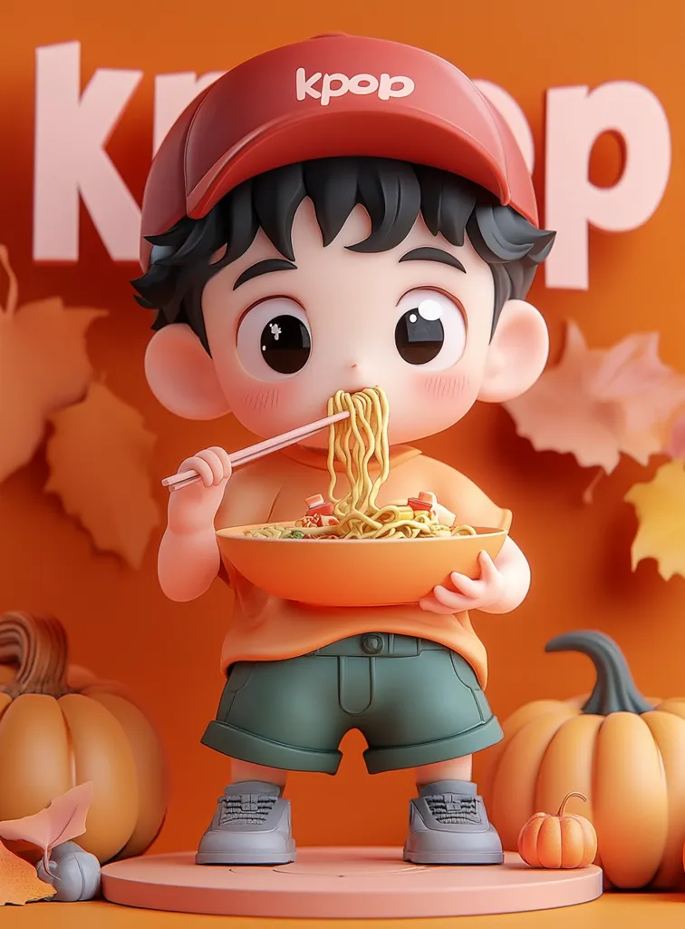 A cute, chibi-style boy, wearing a red Kpop cap and orange shirt, enjoys a bowl of noodles with chopsticks.  He's surrounded by autumnal elements, including pumpkins and falling leaves, creating a warm and inviting scene. The 3D-rendered character is meticulously detailed, with expressive eyes and a playful pose. The overall style is charming and appealing.