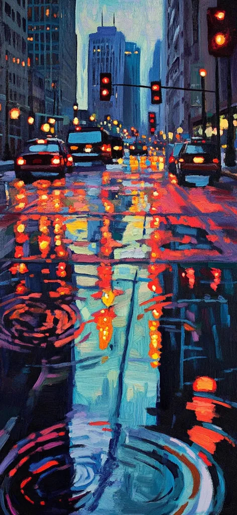 A vibrant cityscape painting depicts a rain-slicked street at dusk.  Cars with glowing taillights move through the urban scene, their reflections distorted in shimmering puddles.  Tall buildings rise on either side, their windows glowing warmly.  The artist uses bold strokes and rich colors to capture the energy and atmosphere of a rainy city night.  The reflections in the wet pavement create a captivating interplay of light and color, mirroring the city lights above.