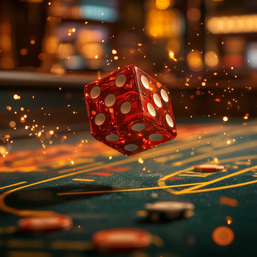 A translucent red die, showing a five, hangs mid-air above a casino craps table.  Sparks and glittering particles surround the die, adding a dramatic effect.  Blurred casino lights form a bokeh background, enhancing the feeling of excitement and chance.  Poker chips are scattered on the table's surface. The overall image evokes the thrill of gambling and the uncertainty of a dice roll.