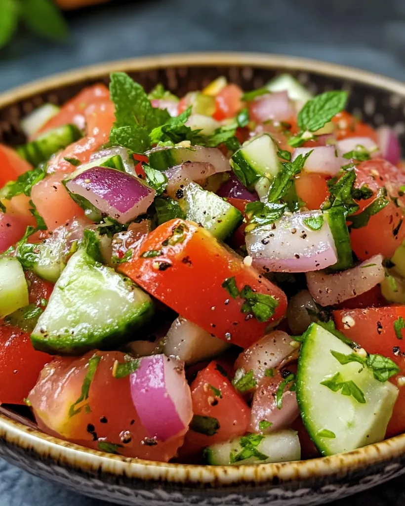 A vibrant salad brimming with diced tomatoes, cucumbers, and red onions is nestled in a rustic bowl.  Fresh mint leaves are scattered throughout, adding a pop of green and a hint of freshness.  The salad appears to be seasoned with herbs and spices, creating a colorful and appetizing dish.