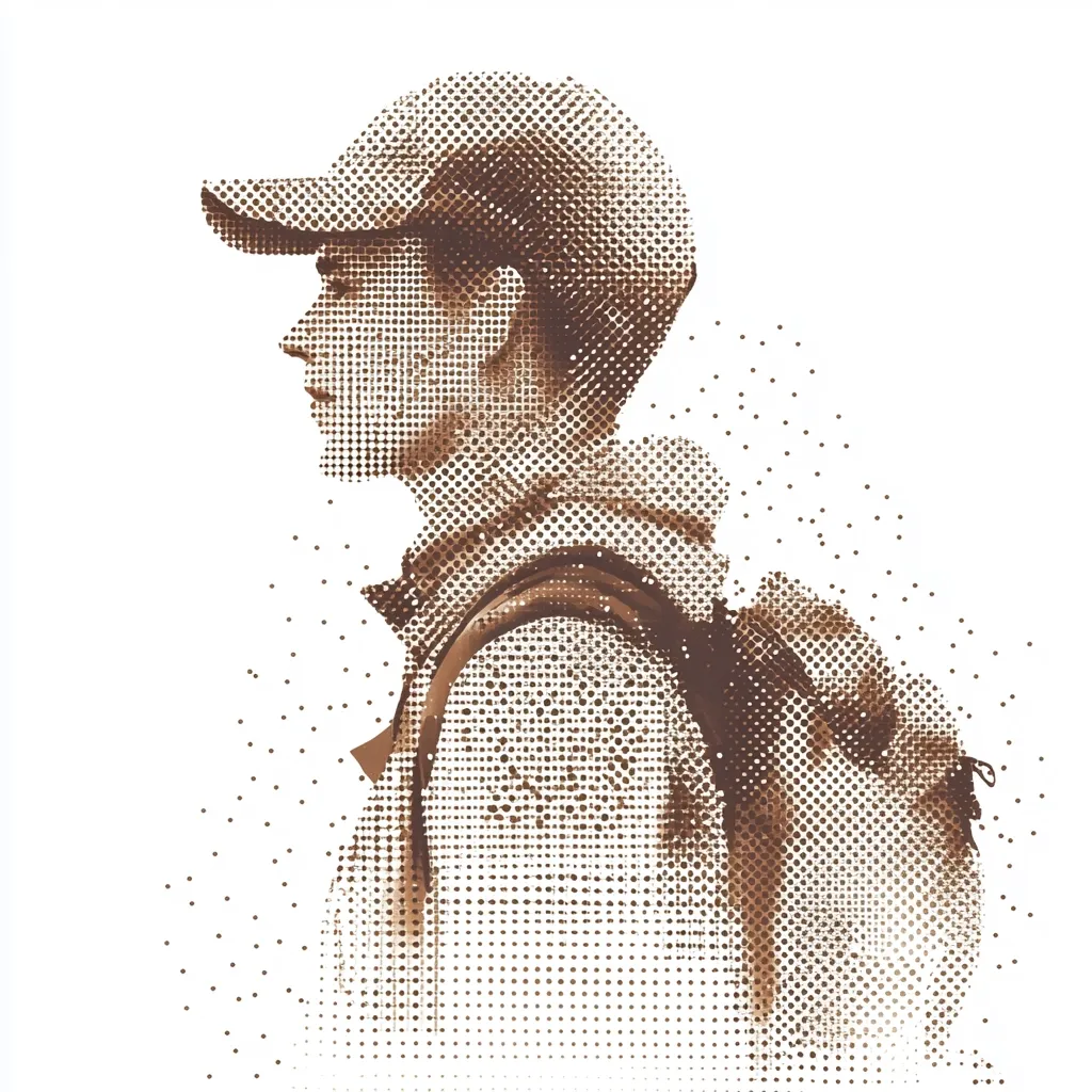 A stylized profile portrait of a person wearing a baseball cap and backpack. The image is rendered in sepia tones using a pointillist technique, creating a textured, almost grainy effect. The individual appears to be facing to the left, and the overall impression suggests a sense of travel or adventure.  The background is white, making the figure stand out prominently.