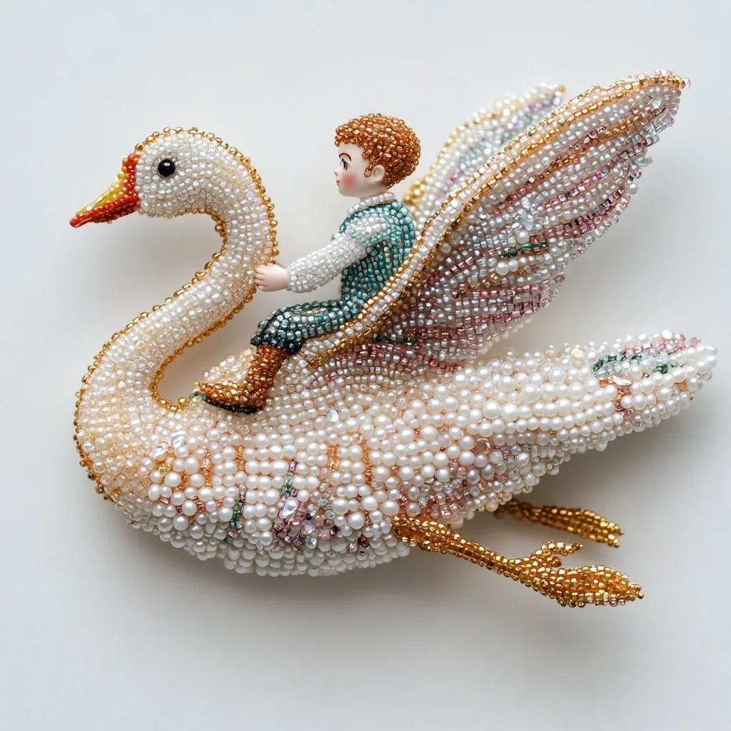 A meticulously crafted beaded swan, adorned with pearls and gold accents, forms the centerpiece.  A small porcelain boy, dressed in teal and brown, sits atop the swan, appearing to ride it in flight. The swan's wings are elegantly spread, enhancing the sense of movement and creating a delicate, whimsical scene. The overall effect is one of intricate artistry and fairy-tale charm.