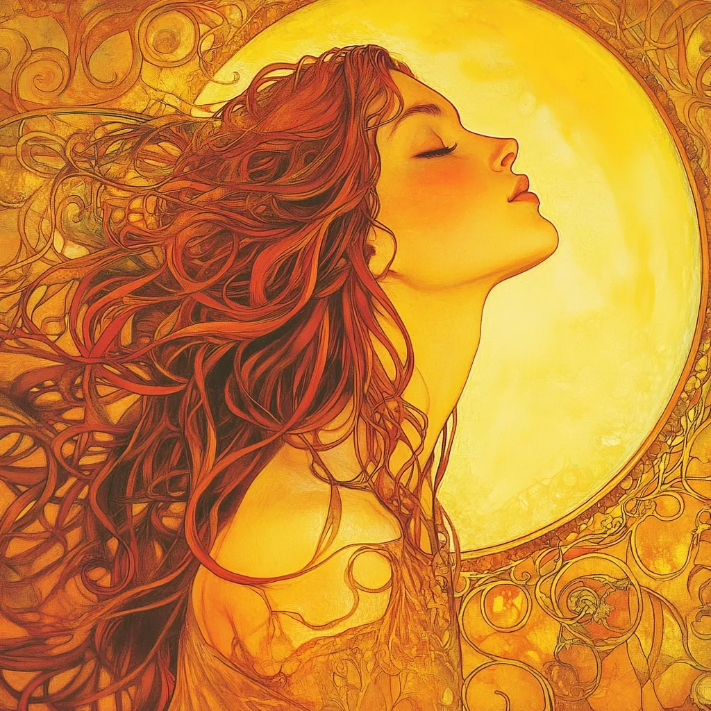 A stylized portrait of a woman with flowing auburn hair, her face tilted upward in serene repose.  The warm, golden tones of the artwork create a sun-kissed, ethereal atmosphere.  Her hair cascades around her, forming a captivating contrast against the bright yellow background, framed by an Art Nouveau-inspired circular design.  The overall impression is one of peace and radiant beauty.