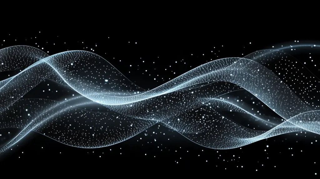 A mesmerizing abstract image showcases elegant, flowing waves of light against a stark black backdrop.  The waves are composed of countless tiny, glittering particles, creating a sense of ethereal movement and depth.  Small, sparkling dots are scattered throughout, enhancing the celestial feel. The overall effect is one of graceful fluidity and subtle luminosity.
