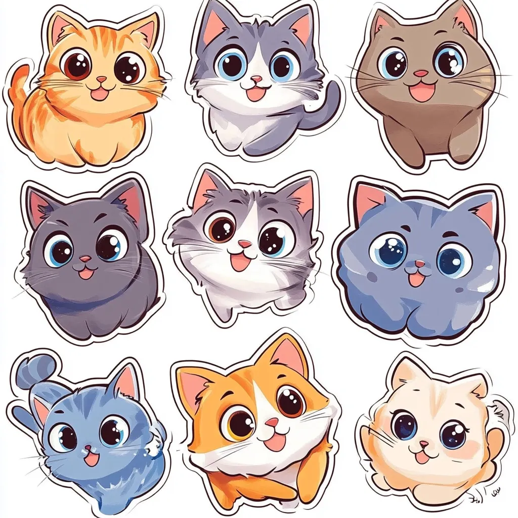 Nine adorable cartoon kittens are depicted in a cheerful arrangement.  Each kitten possesses large, expressive eyes and a happy expression.  The kittens showcase a variety of colors and poses, including orange, gray, brown, and cream.  They are presented individually against a white background, creating a charming and playful image.