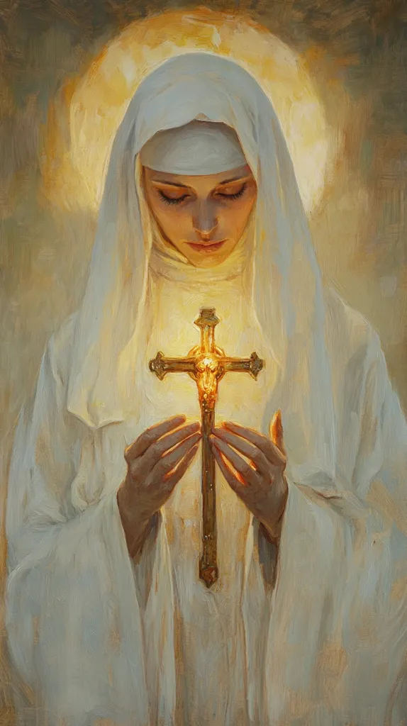 A painting depicts a nun, cloaked in white, reverently holding a luminous golden cross.  Her head is bowed in prayer, her expression serene and peaceful.  Soft, warm light emanates from the cross and surrounds her, creating a halo-like effect. The overall tone is one of faith, devotion, and spiritual contemplation. The style suggests realism with a touch of impressionism in the lighting.