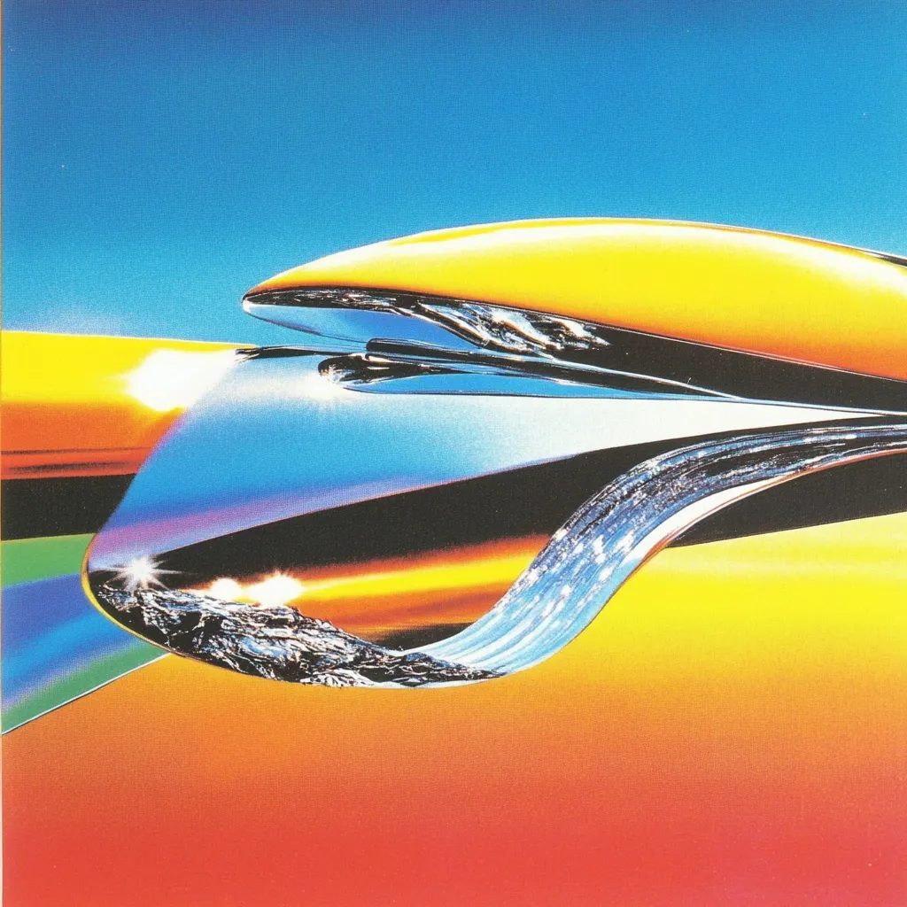 A vibrant, abstract close-up of a chrome car part, possibly a hood ornament or side mirror.  The reflective surface showcases a stylized landscape of mountains and a sunset, mirroring the car's bright orange and yellow paint job.  The image is highly polished, exhibiting a strong sense of gloss and metallic sheen against a contrasting blue sky. The overall effect is one of surrealism and artistic license.