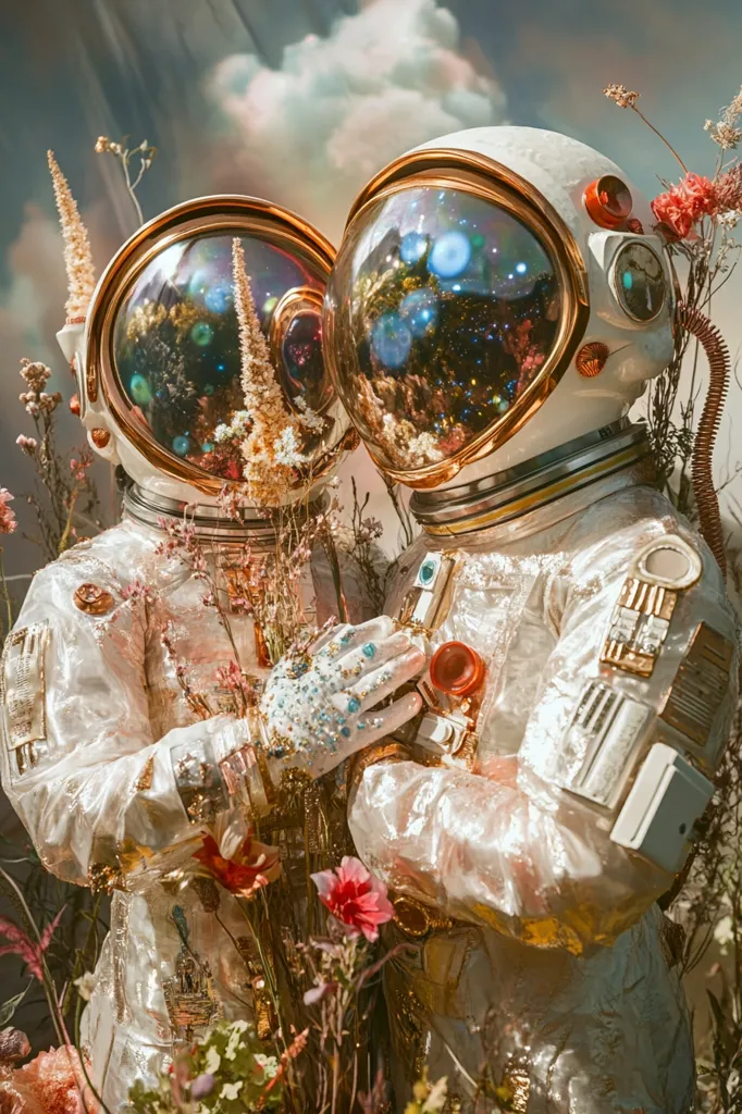 Two astronauts in iridescent white suits stand amidst a vibrant garden.  Their helmets reflect a swirling nebula, mirroring the colorful flowers surrounding them.  The scene is surreal and dreamy, blending elements of space exploration and earthly beauty.  The astronauts' gold-accented suits and glittering gloves add to the fantastical atmosphere.