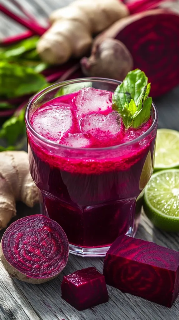 A refreshing glass of beet juice is the centerpiece of this image.  Ice cubes chill the vibrant purple liquid, garnished with a sprig of mint.  Fresh beets, ginger root, and lime wedges surround the drink, highlighting the natural ingredients. The scene is rustic, set on a gray wooden surface, emphasizing the healthy and vibrant nature of the beverage.