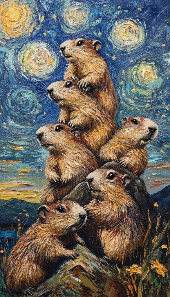 A vibrant, impasto-style painting depicts a stack of prairie dogs perched atop a rock, reminiscent of Van Gogh's "Starry Night."  The background features swirling blues and yellows, mirroring the famous artwork. The prairie dogs are rendered with thick brushstrokes, showcasing their furry texture and individual expressions.  The scene is set against a sunset landscape, creating a whimsical and captivating image.