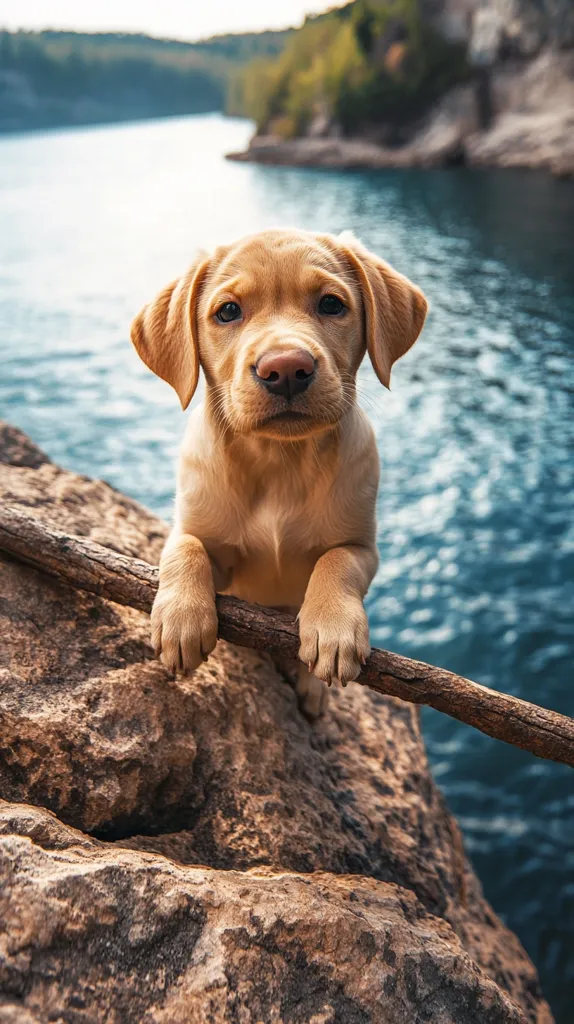 An adorable golden Labrador puppy perches on a rocky outcrop overlooking a serene lake.  The puppy's paws grip a fallen branch, its gaze directed at the viewer. The background features a calm body of water nestled within a picturesque landscape of trees and rocky shoreline. The scene evokes a sense of tranquility and the beauty of nature.