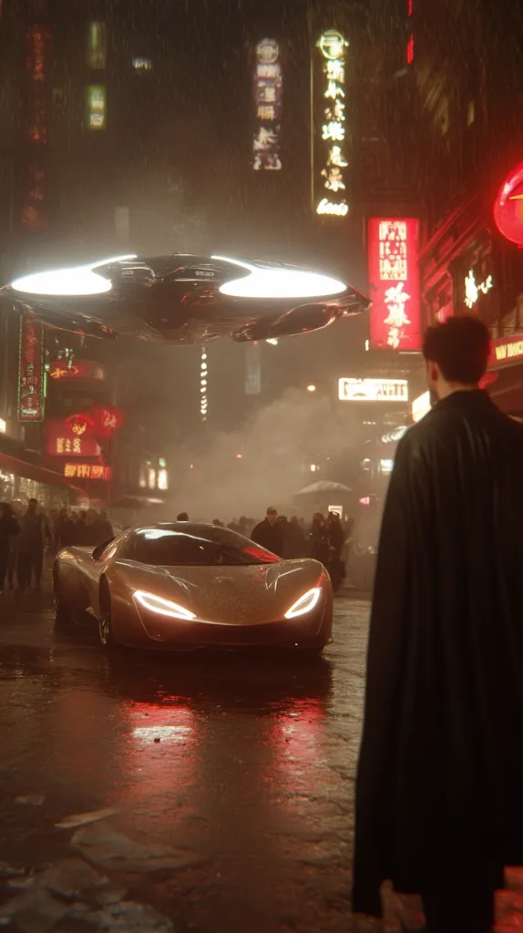 A futuristic scene unfolds on a rain-slicked city street. A sleek, golden sports car sits in the foreground, illuminated by neon signs reflecting in the wet pavement.  Above, a large, glowing, disc-shaped object hovers, casting a soft light.  A figure in a dark cloak stands in the background, observing the scene. The atmosphere is dark, moody, and suggestive of science fiction.