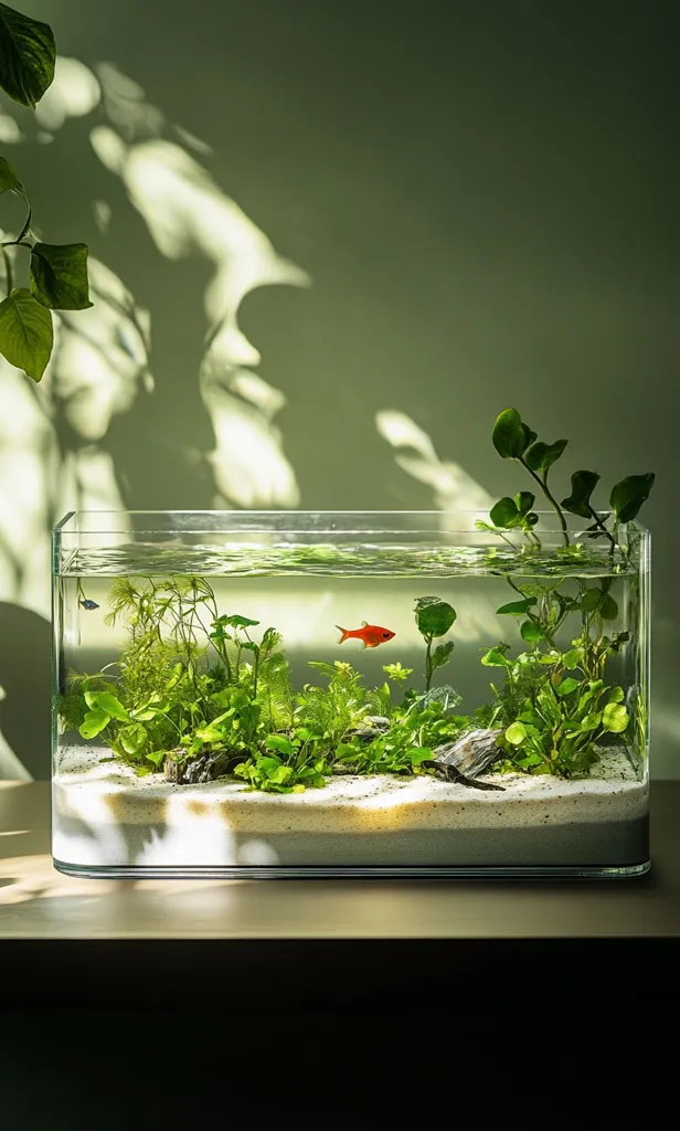 A minimalist, rectangular aquarium rests on a wooden surface.  Sunlight filters through a nearby plant, casting dappled shadows on the wall.  The aquarium's clear glass showcases a meticulously arranged aquatic landscape: lush green plants, fine white sand, and a single, vibrant orange fish.  The overall aesthetic is serene and naturally calming.