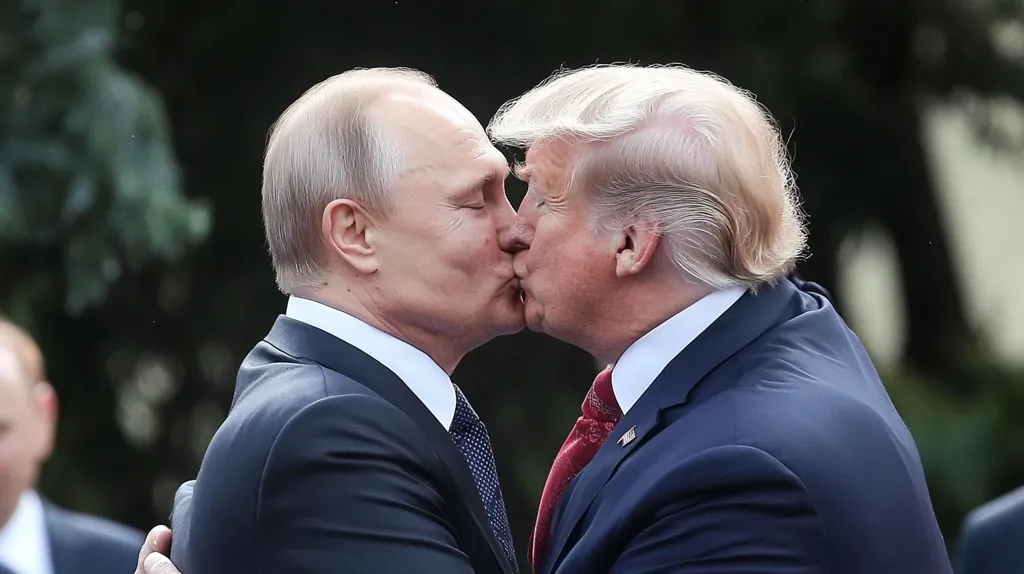 The image shows Vladimir Putin and Donald Trump in a staged, humorous depiction of a kiss.  Both men are wearing suits.  Putin's left arm is around Trump's waist.  The background is blurred, suggesting an outdoor setting. The photo is a digitally manipulated image and not a genuine depiction of an event.