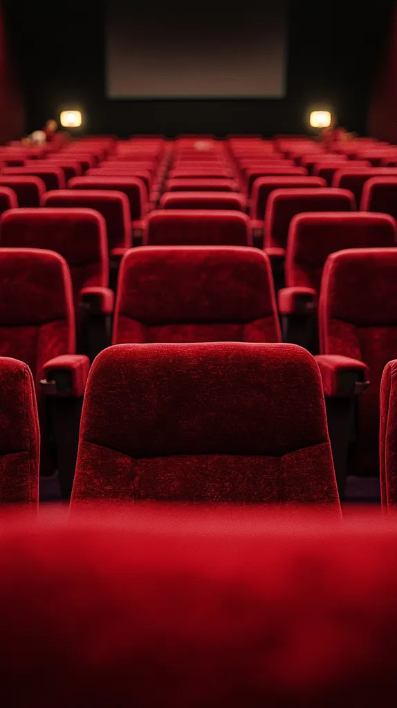 Rows of plush red cinema seats stretch towards a darkened screen.  The warm glow of subtle lighting illuminates the empty theater, creating a sense of anticipation and quiet before a film begins.  The deep red fabric and the rows of seats lead the eye towards the screen, suggesting a cinematic experience.