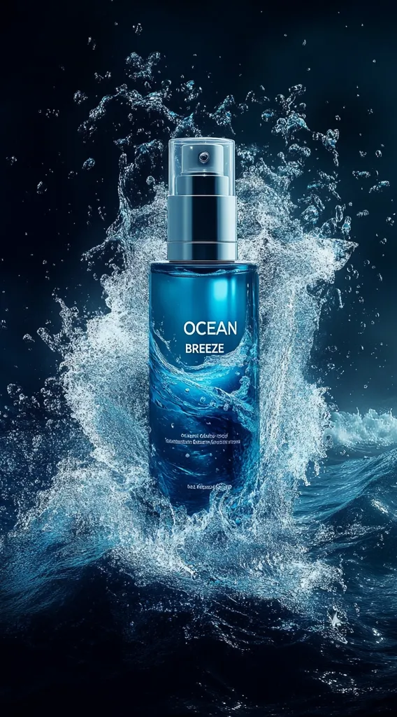 A dark blue bottle of "Ocean Breeze" perfume or cologne is shown amidst a splash of water. The bottle has a silver spray top and the product name is prominently displayed. The image emphasizes freshness and a clean scent, evoking the feeling of an ocean breeze. The background is dark blue, contrasting sharply with the lighter blue of the water and bottle. The overall aesthetic is sophisticated and luxurious.