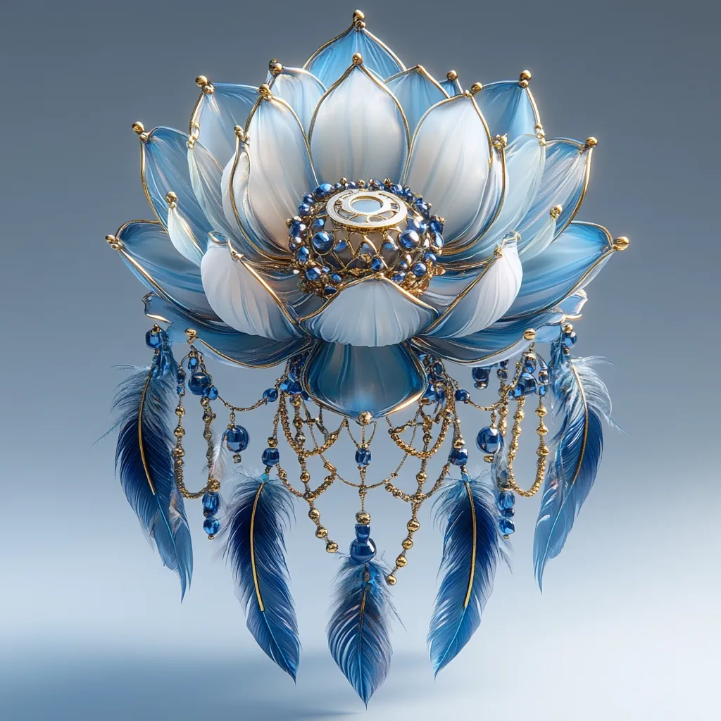 A stunning digital artwork depicts an ornate lotus flower, rendered in shades of blue and white with gold accents.  The petals are meticulously detailed, and the center features a jewel-encrusted core.  From the flower's base, delicate chains adorned with sapphire-colored beads and blue feathers dangle, creating an ethereal and elegant dreamcatcher-like effect. The overall style is luxurious and fantastical.