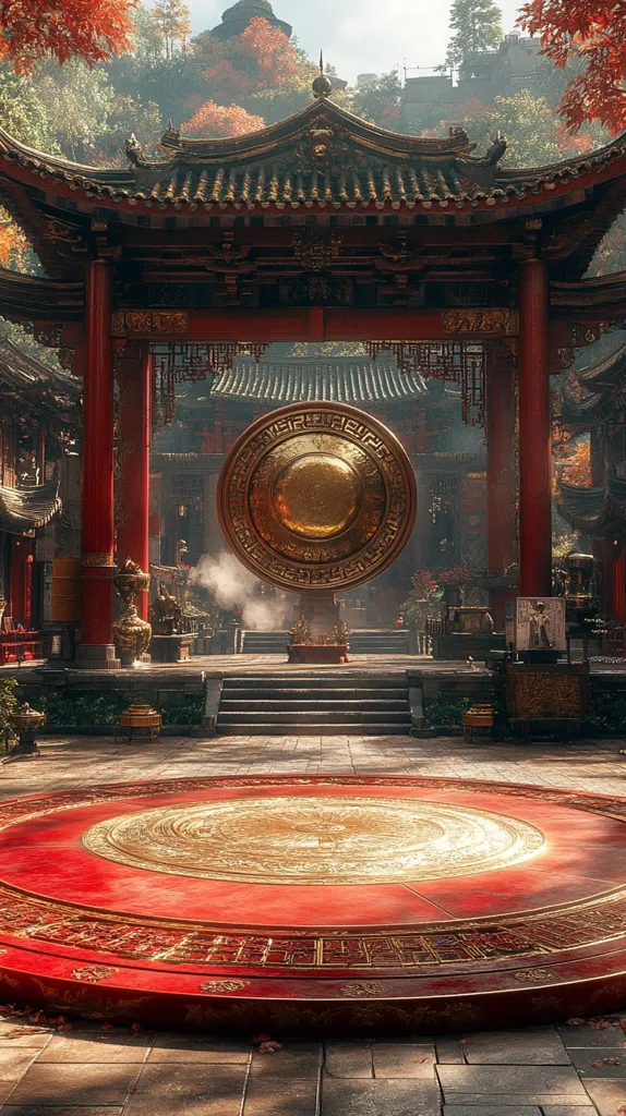 A majestic red Chinese temple gate stands before a large, golden gong.  Intricate carvings adorn the gate and gong, set against a backdrop of autumnal foliage and distant hills.  A circular, ornate red platform rests in the foreground, adding to the scene's rich detail and serene atmosphere. The image evokes a sense of peace and ancient tradition.