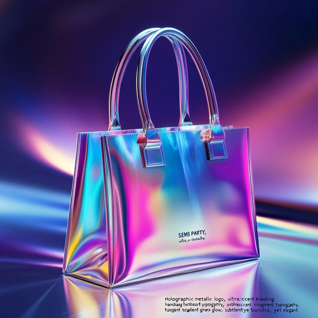 A holographic iridescent tote bag sits on a reflective surface.  The bag is metallic purple, blue, and pink, shifting in color.  The brand name "SEMI PARTY" is subtly printed on the bag. The background is a vibrant gradient of purples and pinks, enhancing the bag's futuristic aesthetic. The overall style is sleek, elegant, and modern.